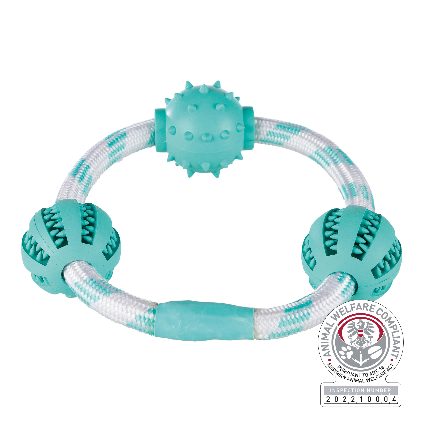 Geräuschloses Zerrspielzeug Hund 33704 – Robuster ø 20 cm Baumwoll-Seilring mit zahnpflegenden Naturgummi-Bällen