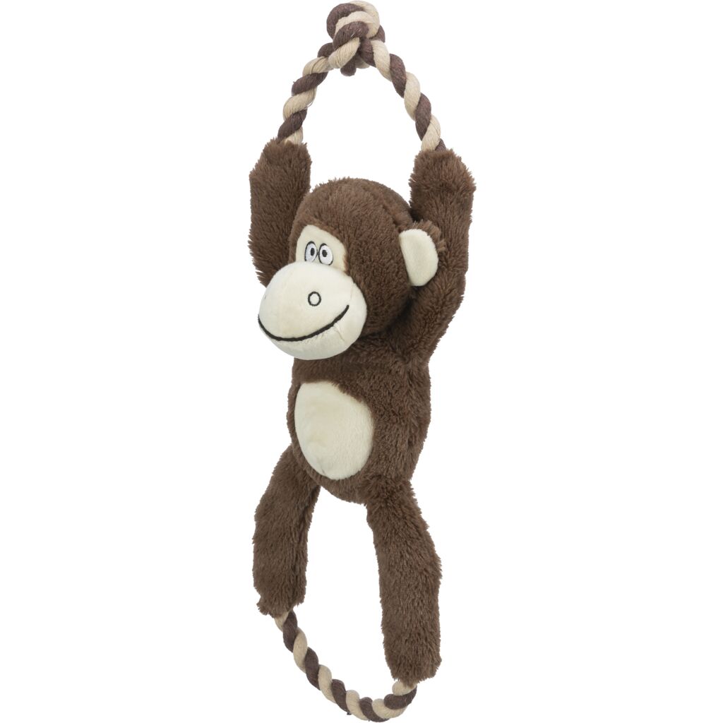 Robustes Kauseil Hund 34720 – 40 cm lange Plüsch-Affen-Figur mit integrierten Baumwoll-Zerrseilen und Squeaker
