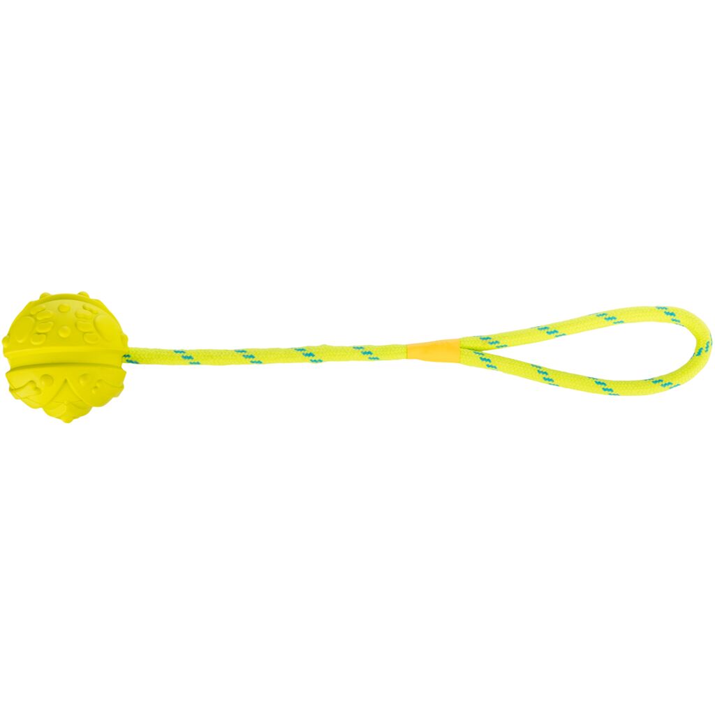 Geräuschloser Hundeball klein 33482 – Universeller ø 7 cm Naturkautschuk-Ball mit 35 cm Wurfkordel