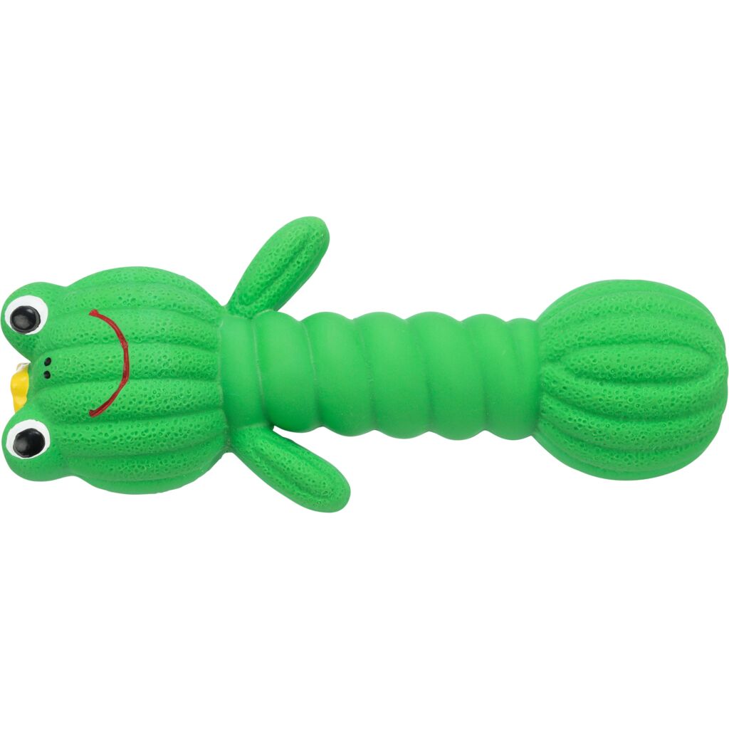 Grünes Kauspielzeug Latex 34484 – Zahnschonende 18 cm Latex-Hantel in witziger Frosch-Optik mit eingebautem Squeaker
