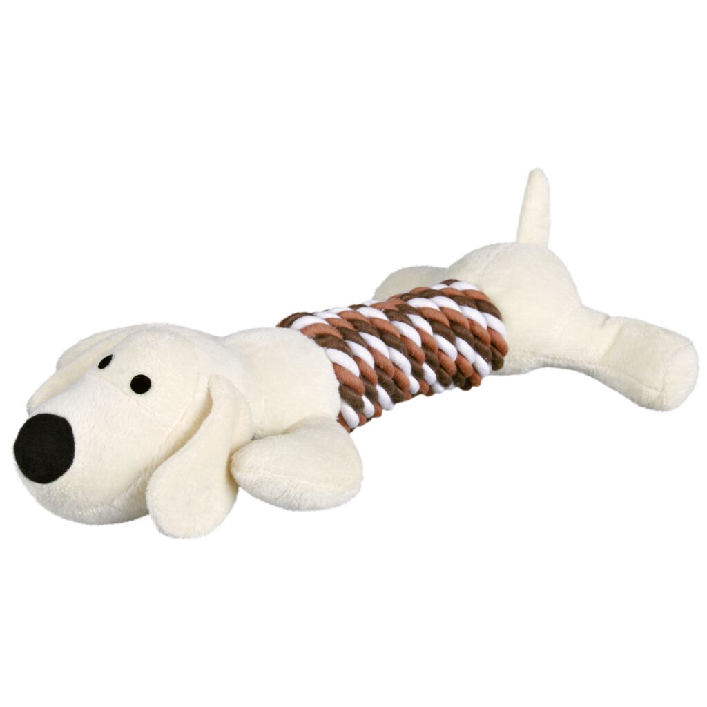 Robustes Zerrspielzeug Seil 35894 – 32 cm großer Trixie Plüsch-Hund mit integrierten Knotentauen aus Baumwolle und Quietscher