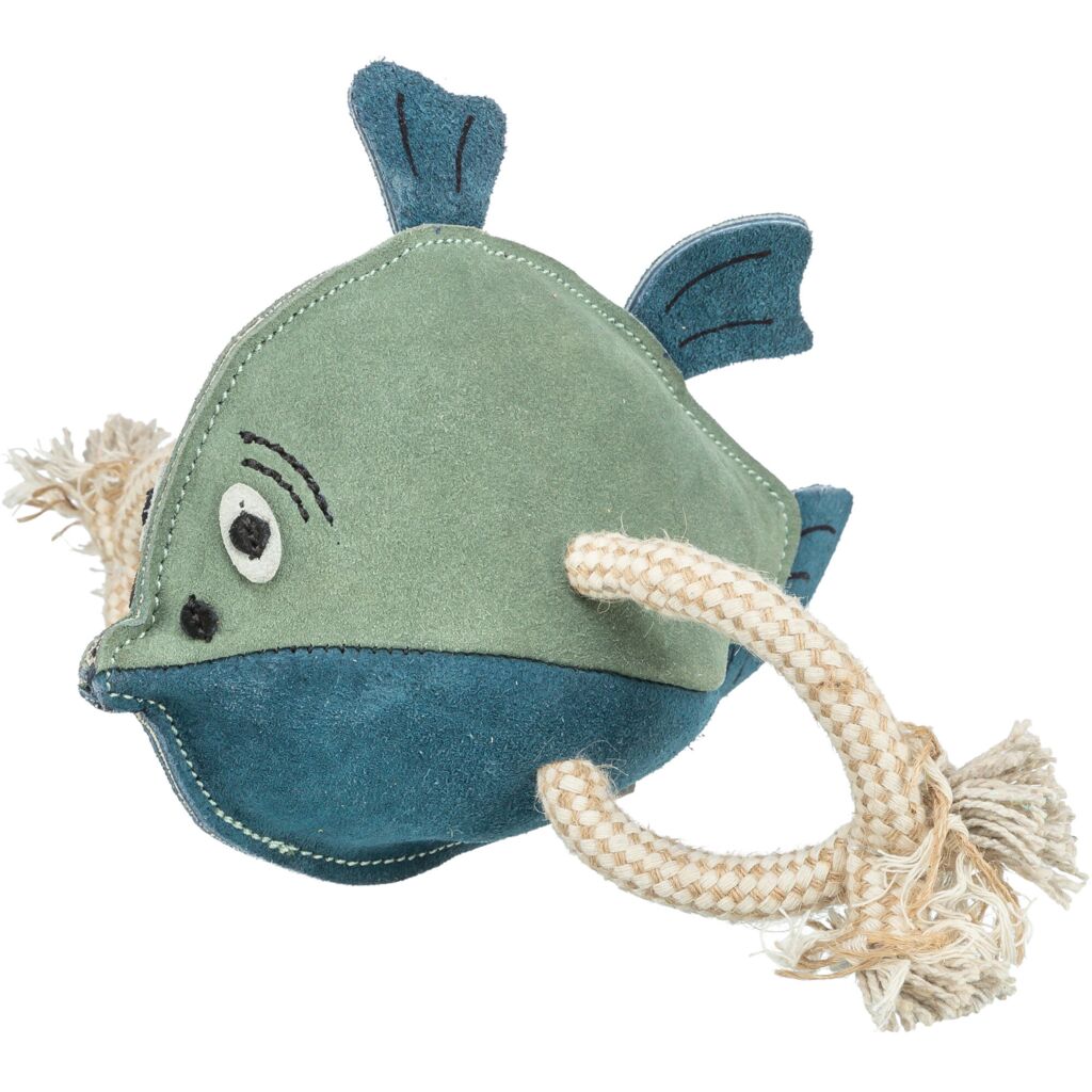 Robustes Zerrspielzeug Natur 35996 – 28 cm großer Trixie Leder-Fisch mit integriertem Baumwoll-Spieltau komplett ohne Squeaker